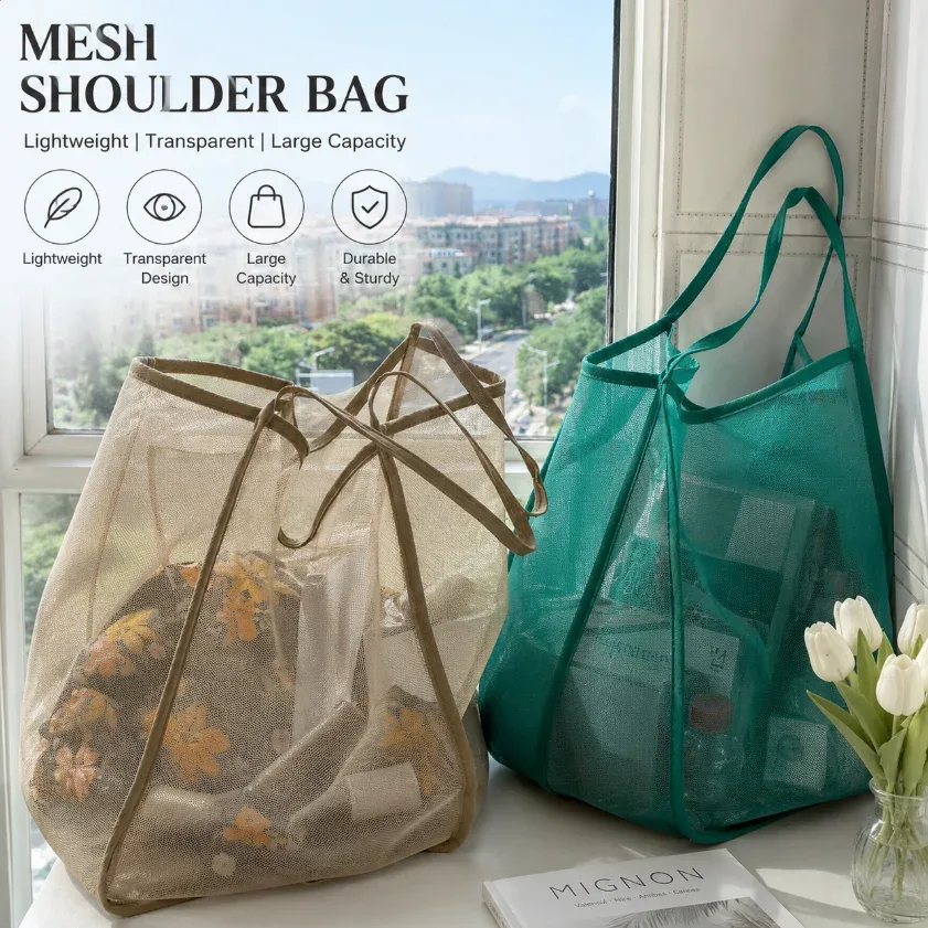 nouveau sac à bandoulière en maille polyvalent style ins, sac à main transparent grande capacité, sac de shopping léger grande capacité