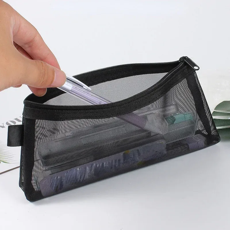 trousse de maquillage grise et noire, grande capacité, maille transparente, sacs pour pinceaux cosmétiques, étudiants, couleur unie, fermeture éclair, trousse à crayons en nylon