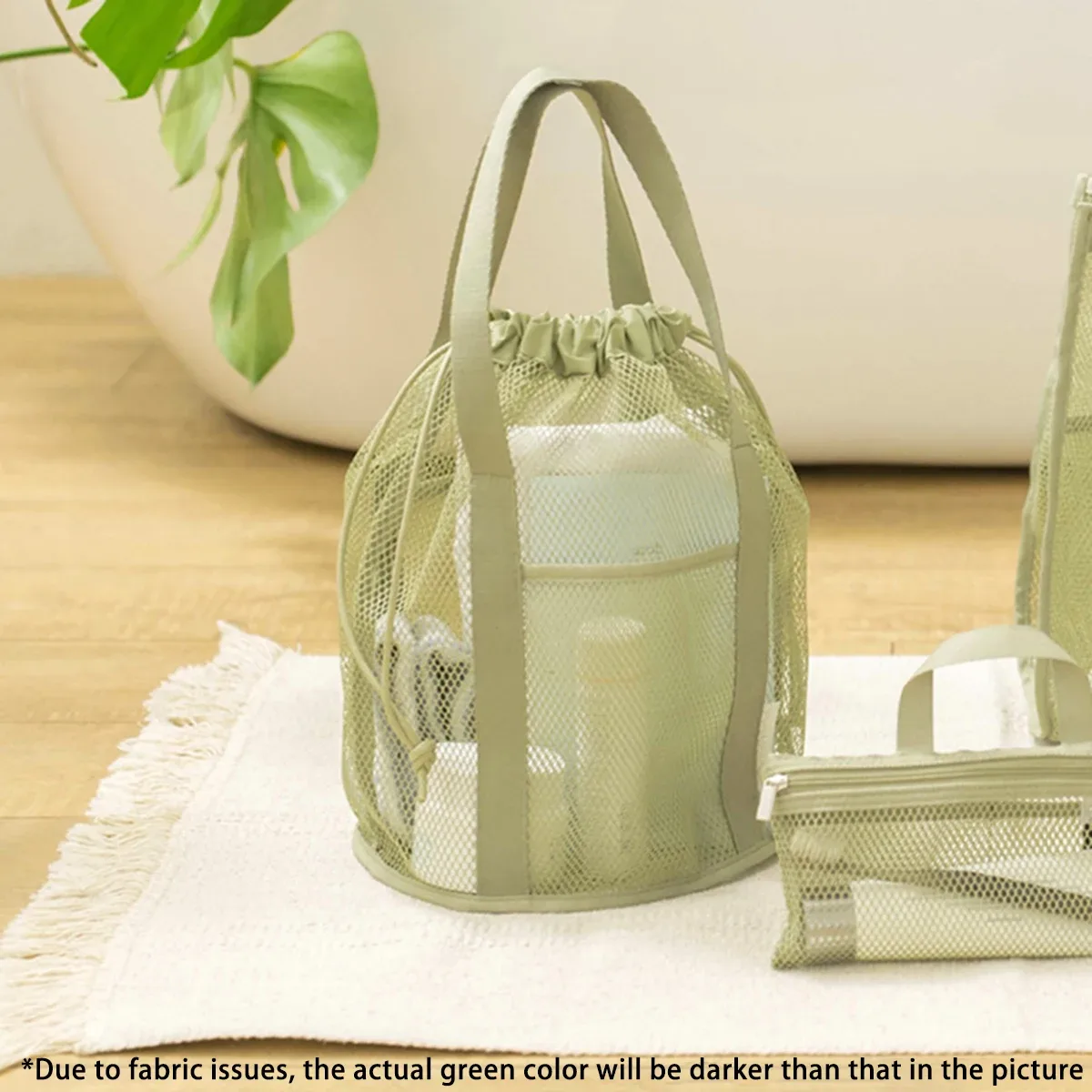 trousse de toilette de voyage beige, sac à main pliable ultra-léger en maille ajourée, poche à cordon, sac de plage, trousse de toilette, 1 pièce