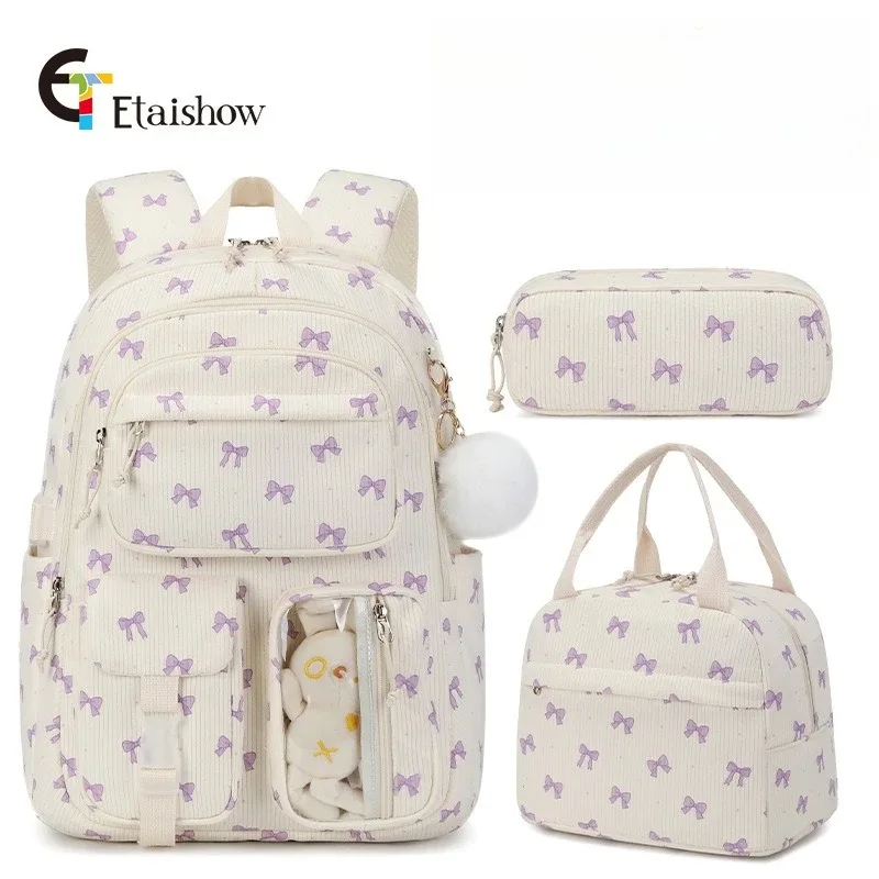sac à dos d'université en velours côtelé, 3 pièces, avec sac à déjeuner, trousse à crayons, mignon fille, école, imprimé fraise, ensemble de sac à dos pour adolescentes et femmes