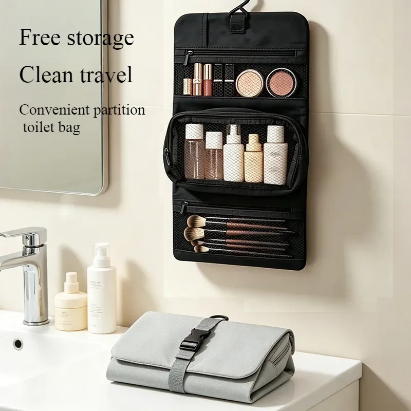 Trousse de toilette pliable et détachable, grande capacité avec crochet, sac de rangement pour articles de toilette pour hommes en voyage d'affaires, sac de voyage pour cosmétiques pour femmes