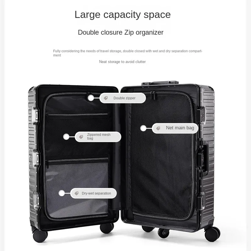 valises de voyage multifonctions à cinq roues, cadre en aluminium, grande taille 22-28 pouces, fendues 3:7