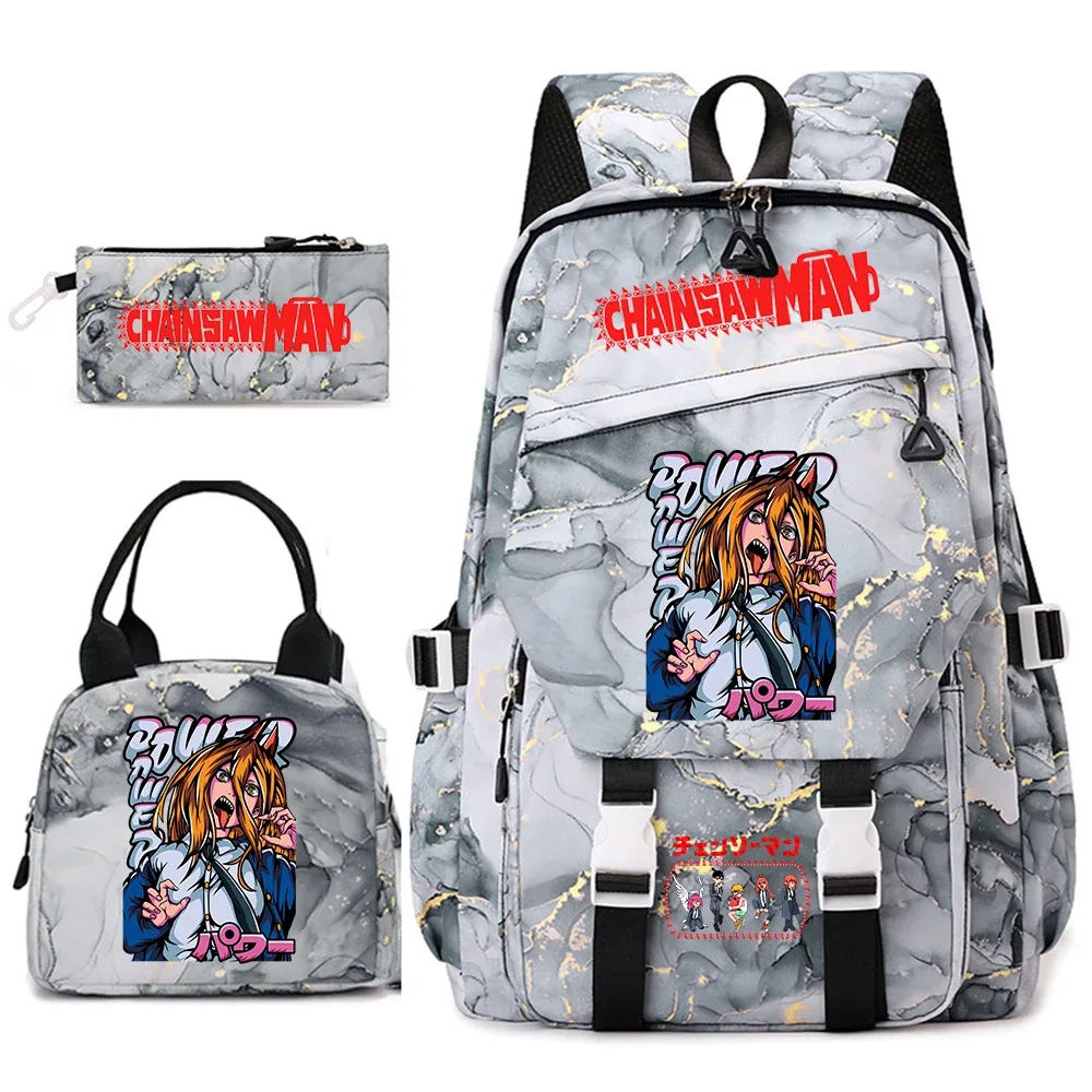 ensemble de sacs à dos pour étudiantes avec imprimé chainsaw man anime, pour filles, avec sac à lunch et trousse à crayons, pour une utilisation quotidienne à l'école