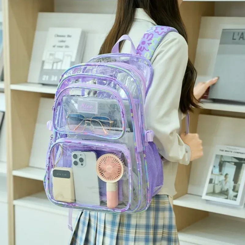 sac à dos transparent en pvc pour adolescentes, sacs d'école pour étudiantes, sac à dos de sport décontracté, grande capacité, imperméable, sac à dos de voyage pour la plage