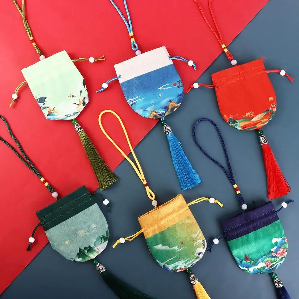 Pochette à cordon en tissu à motif floral avec pompon, sac à bijoux pour femme, sac de rangement de style chinois