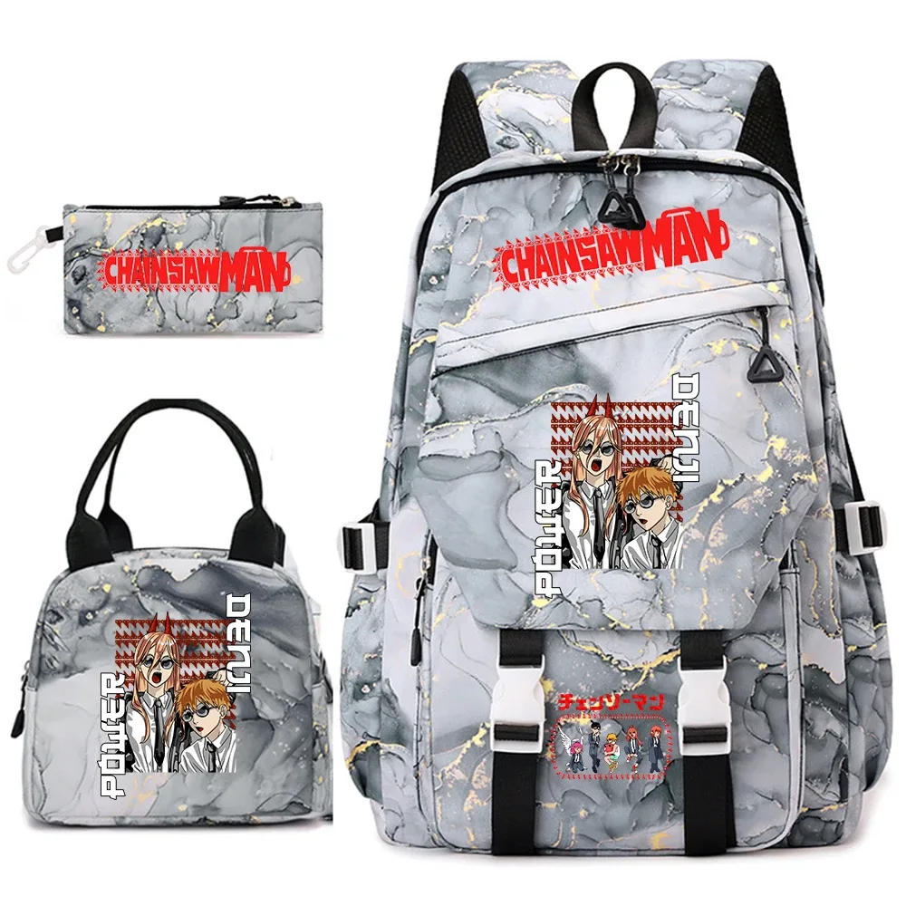 ensemble de sacs à dos pour étudiantes avec imprimé chainsaw man anime, pour filles, avec sac à lunch et trousse à crayons, pour une utilisation quotidienne à l'école