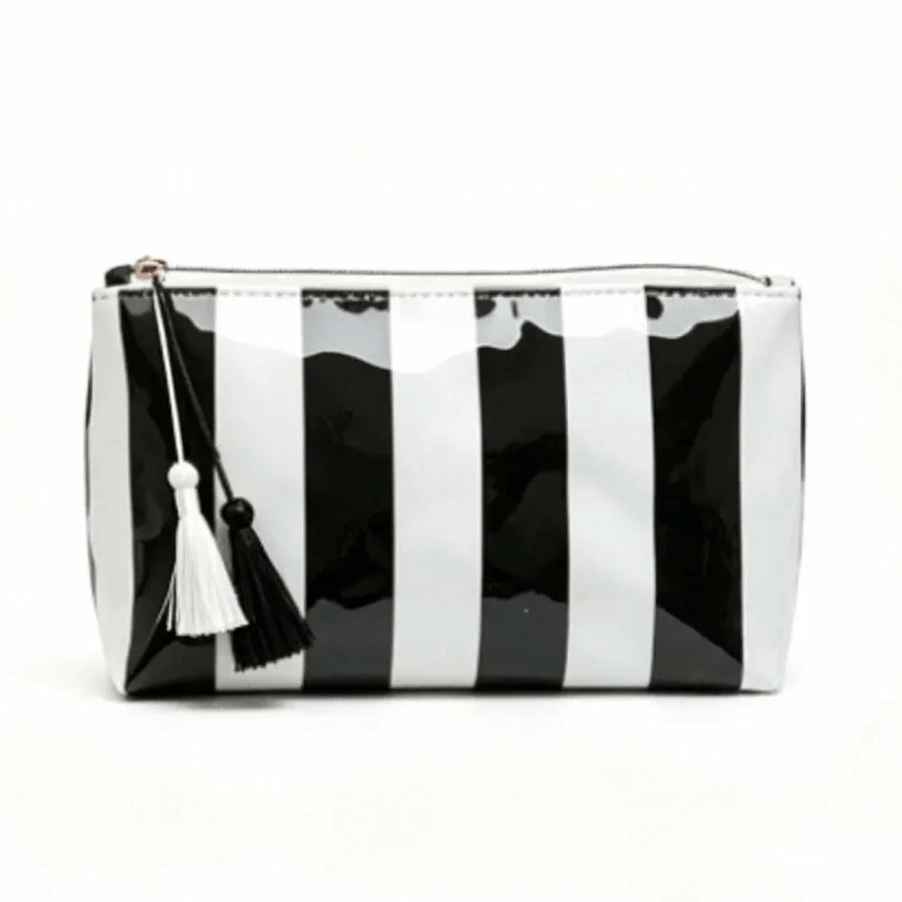 trousse de toilette imperméable rayée grande capacité en polyester avec doublure pvc, sac de rangement de plage simple avec pendentif pompon