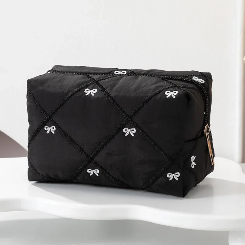 sac de toilette brodé à nœud, grande capacité, sac de voyage, sac à maquillage à carreaux, pochette de rangement