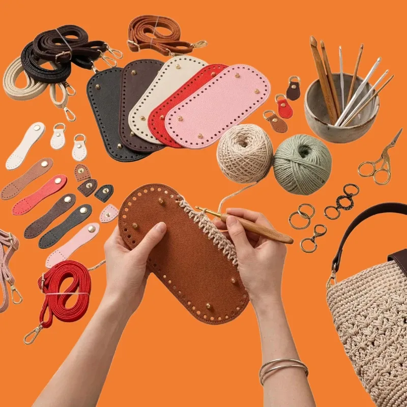 lot de 6 pièces : base de sac en cuir pu ovale avec sangle de poignée tressée, incluant boucle de bandoulière remplaçable et coussinet de fond de sac en crochet, idéal pour sacs à bandoulière, sacs à main et projets diy faits main.