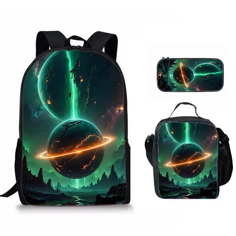 sacs de voyage pour étudiants, sac à dos pour ordinateur portable, sac à déjeuner, trousse à crayons, imprimé 3d hip hop youthful novelty space planet, 3 pièces/ensemble
