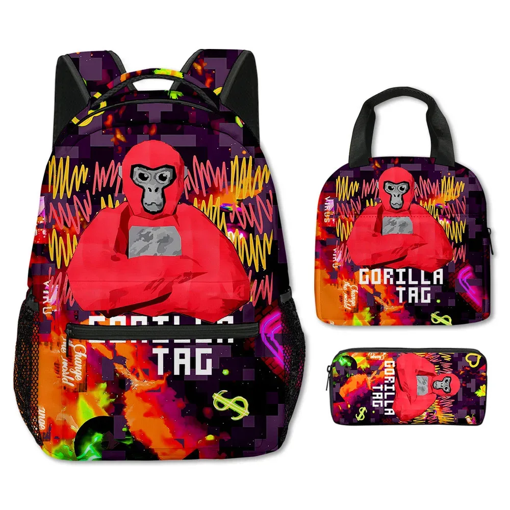 mode nouveauté cool nouveauté gorille tag impression 3d 3 pièces/ensemble étudiant sacs d'école sac à dos pour ordinateur portable bandoulière sac à déjeuner porte-crayon