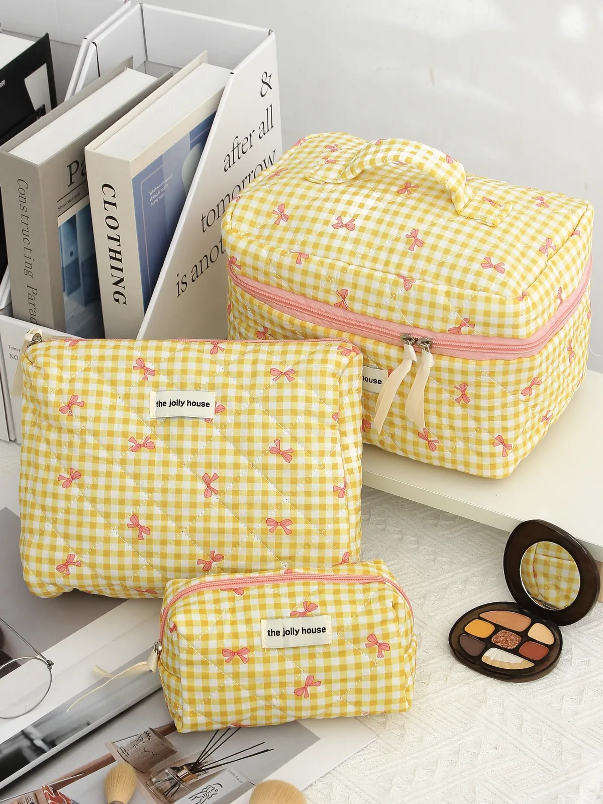 1 pièce/ensemble trousse de maquillage matelassée à nœud à carreaux jaunes, trousse de toilette de voyage de grande capacité, trousse de maquillage de rangement de voyage