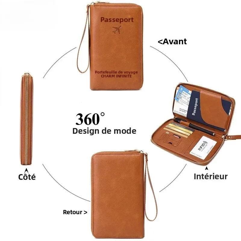 portefeuille de voyage multifonctionnel avec porte-passeport, dragonne, étui zippé pour cartes de crédit et organiseur de billets
