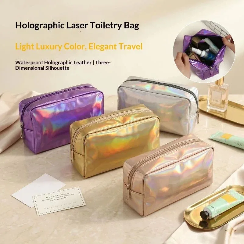 Sac cosmétique laser couleur unie, imperméable, portable, pour rangement de produits de toilette, sac cadeau maquillage, pochette de maquillage, organisateur de cosmétiques de voyage