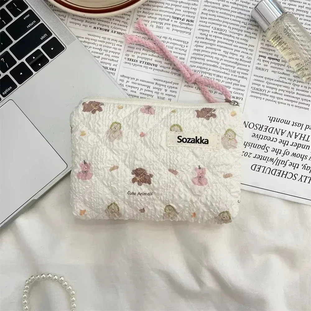 sac de maquillage imprimé en toile pour femmes, mignon, portable, style coréen, petits sacs à cosmétiques, étui de rangement de voyage, trousse de toilette