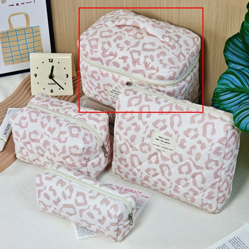 trousse de maquillage matelassée en coton grande capacité avec fermeture éclair, organisateur cosmétique imprimé léopard, sac de toilette portable