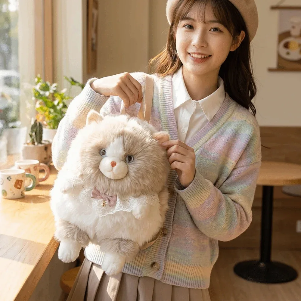 Sac à dos mignon, doux et moelleux en forme de chat, grande capacité, sac à dos 3D, doublure en polyester, sac à bandoulière réaliste, idéal pour les voyages.