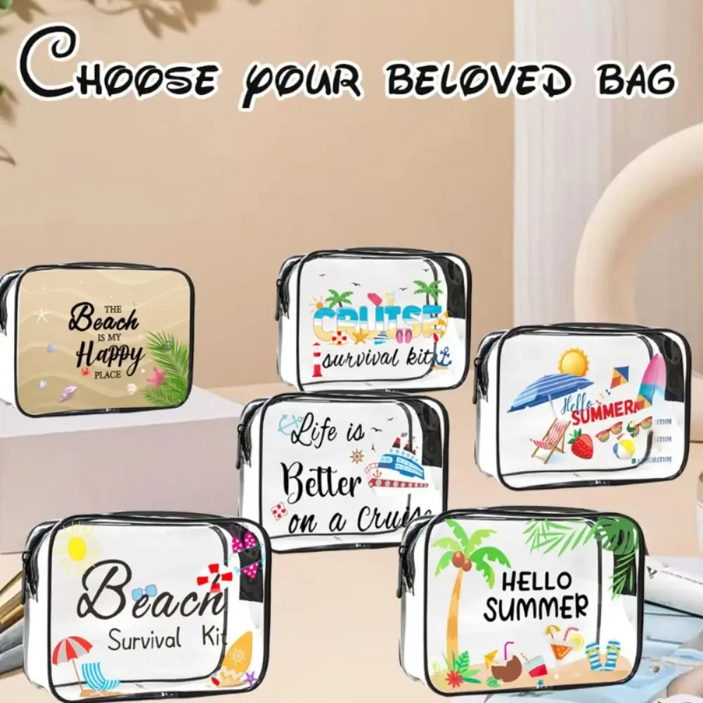 trousse de maquillage tendance de grande capacité, sac de rangement visible sur le thème de la plage, organisateur de voyage léger et portable pour femmes