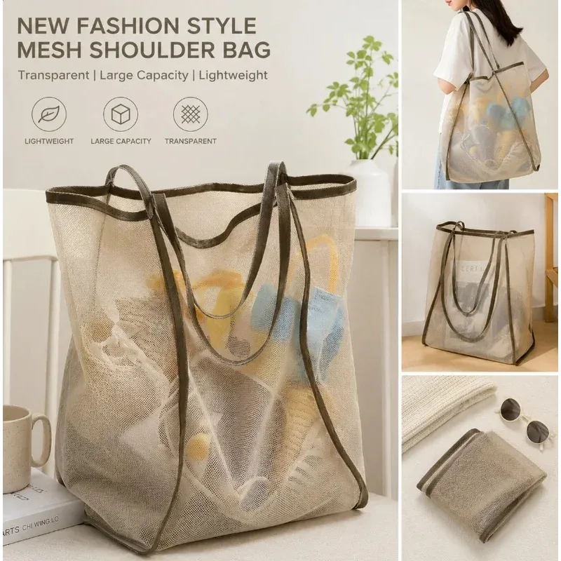 grand sac de plage en maille, léger et respirant, sac à bandoulière pour la piscine, les voyages, les serviettes, les jouets, le shopping