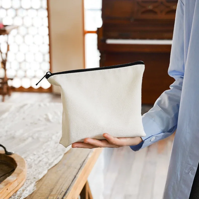 sac à cosmétiques blanc pur pour femmes, sac de rangement portable pour cosmétiques, rouge à lèvres, sac en toile monocouche à fermeture éclair, trousse de toilette de banlieue