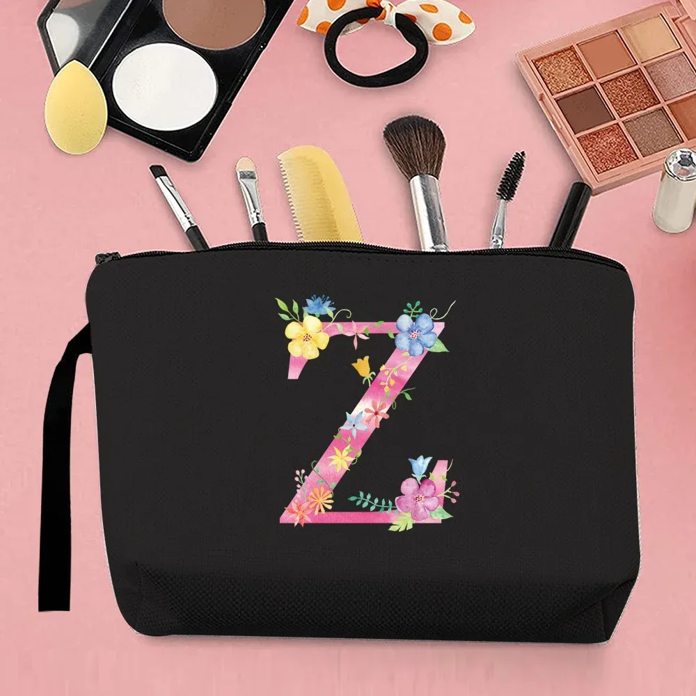 trousse de maquillage pour femmes, trousse de maquillage portable, trousse de maquillage de voyage pratique, sac à main en toile, motif de lettres roses, organisateur de bijoux
