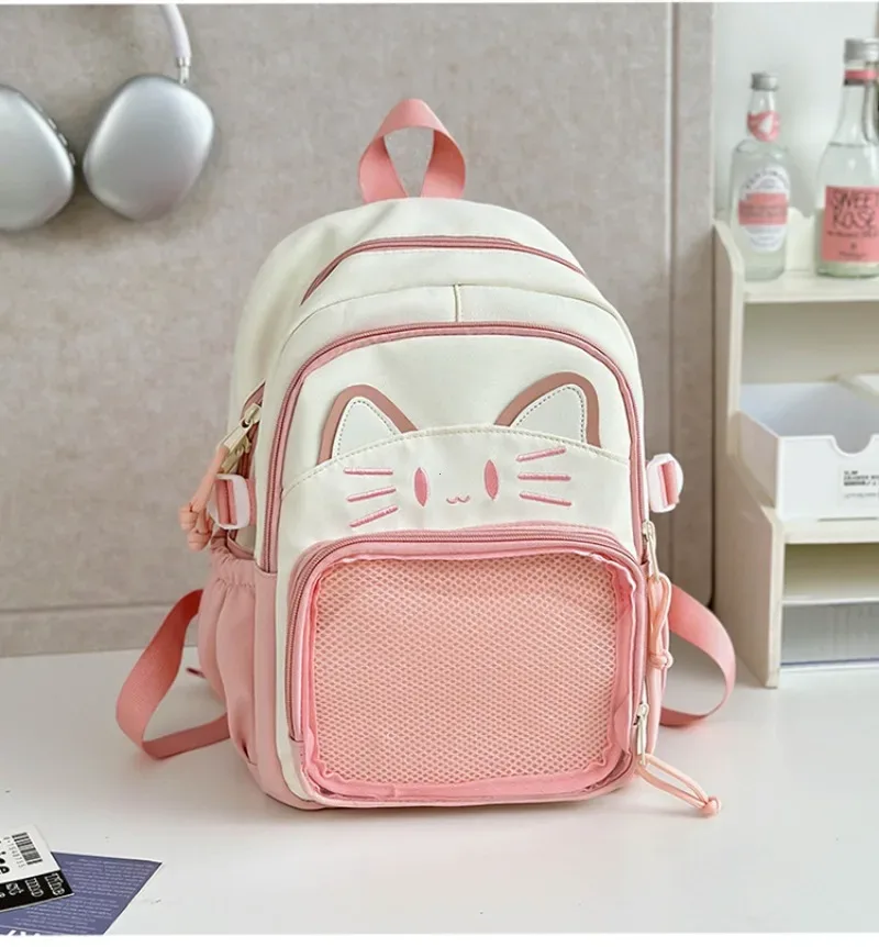 y2k mignon chat ita sacs à dos grande capacité sac à dos décontracté fille transparent bricolage affichage sac à dos dessin animé à la mode voyage cartables