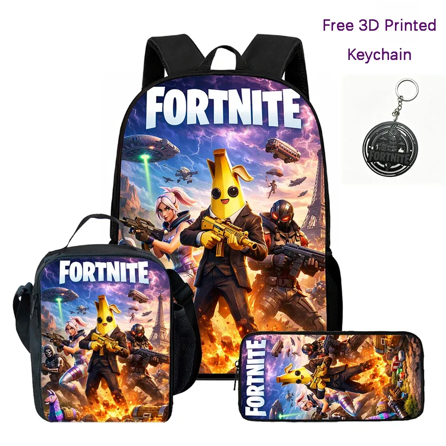 ensemble de 3 sacs à dos pour enfants, sac à lunch et trousse à crayons, sac fortnite à motif de dessin animé, léger pour garçons et filles de 6 à 10 ans, porte-clés imprimé en 3d gratuit