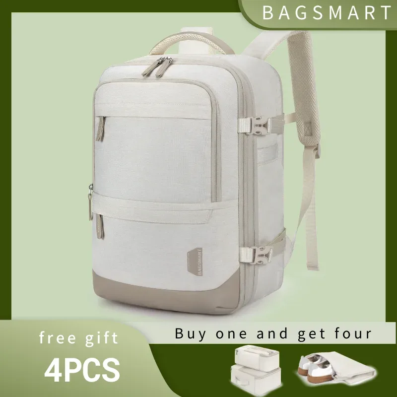 bagsmart-sac à dos pour ordinateur portable 17 en effet, cabine de voyage, sac à dos de transport extensible de 40l avec sac à chaussures, sac à dos féminin étanche, 4 pièces