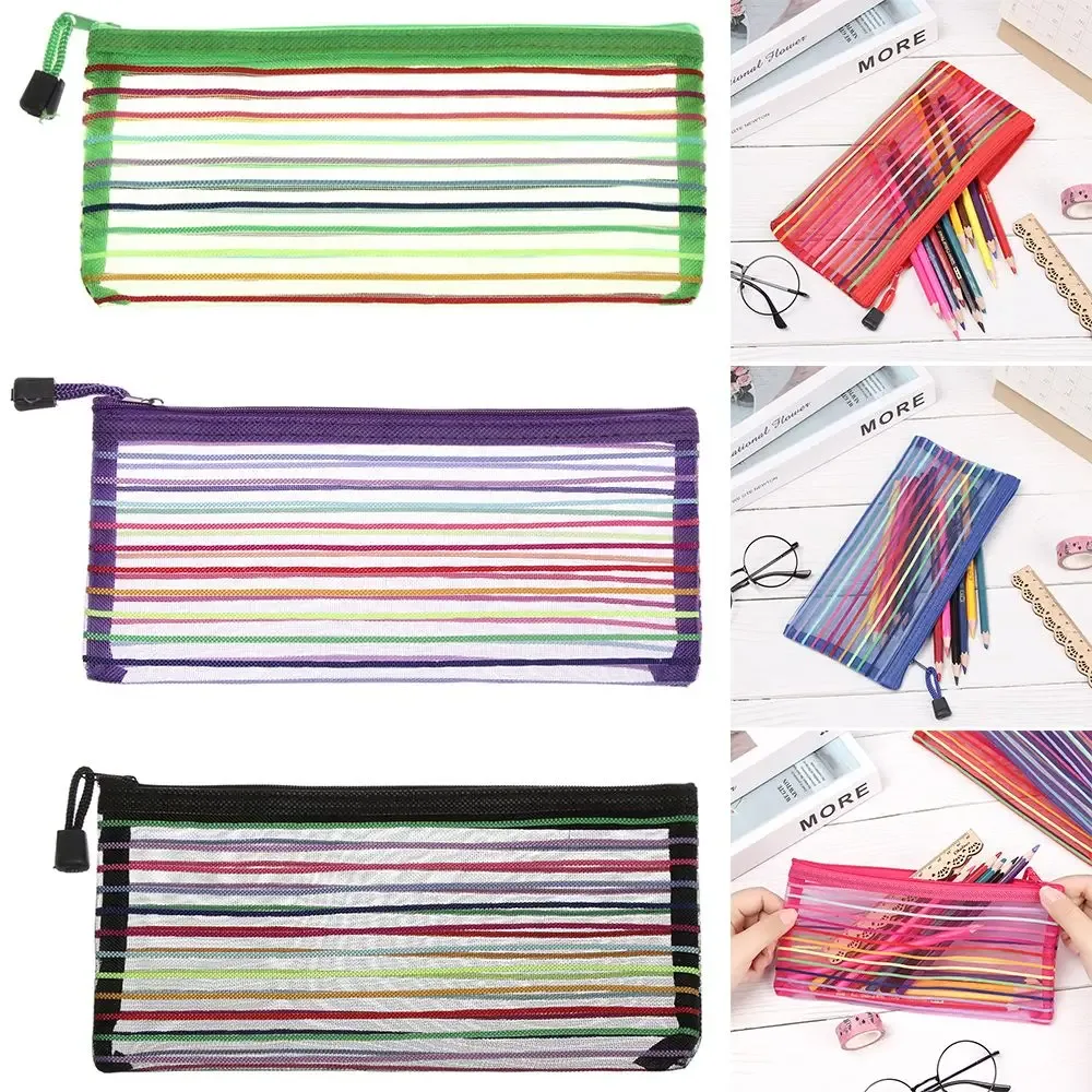 1pc mode couleur unie cosmétique arc-en-ciel couleur nylon maquillage maille stylo sac grille fermeture éclair trousse à crayons stockage cosmétique