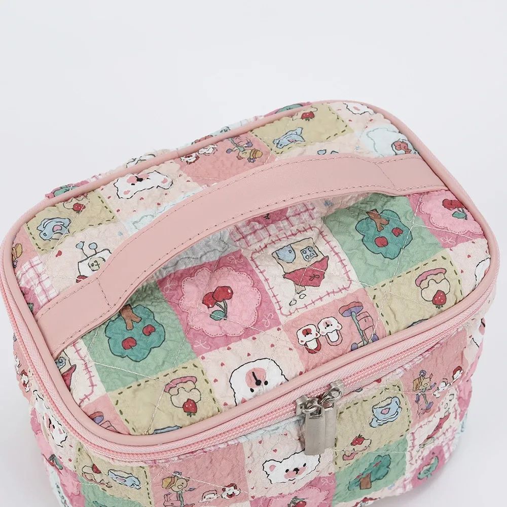 trousse de maquillage mignonne, nouveau style à carreaux avec chat, rangement portable à compartiments, grande capacité pour les voyages et les articles de toilette à porter à la main