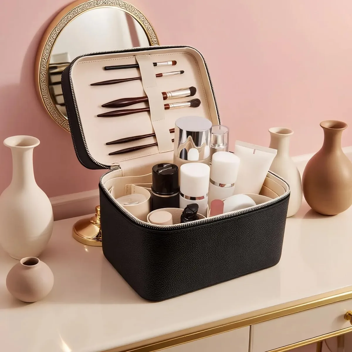sacs à cosmétiques portables en cuir pu, étuis à maquillage double couche, trousse de toilette de voyage