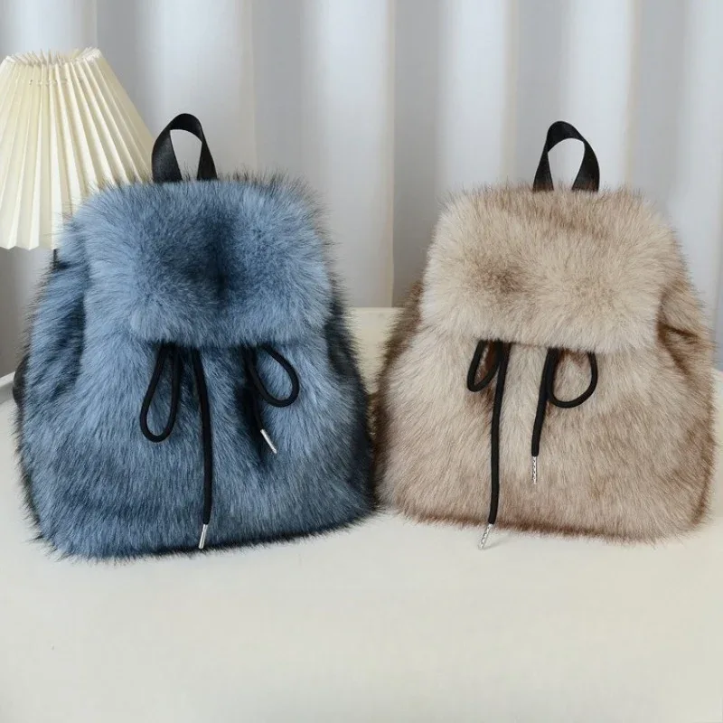 y2k sac à dos en peluche femmes petit mignon cordon léopard moelleux sac solide doux polaire sac à dos hiver chaud fausse fourrure mini sac à dos