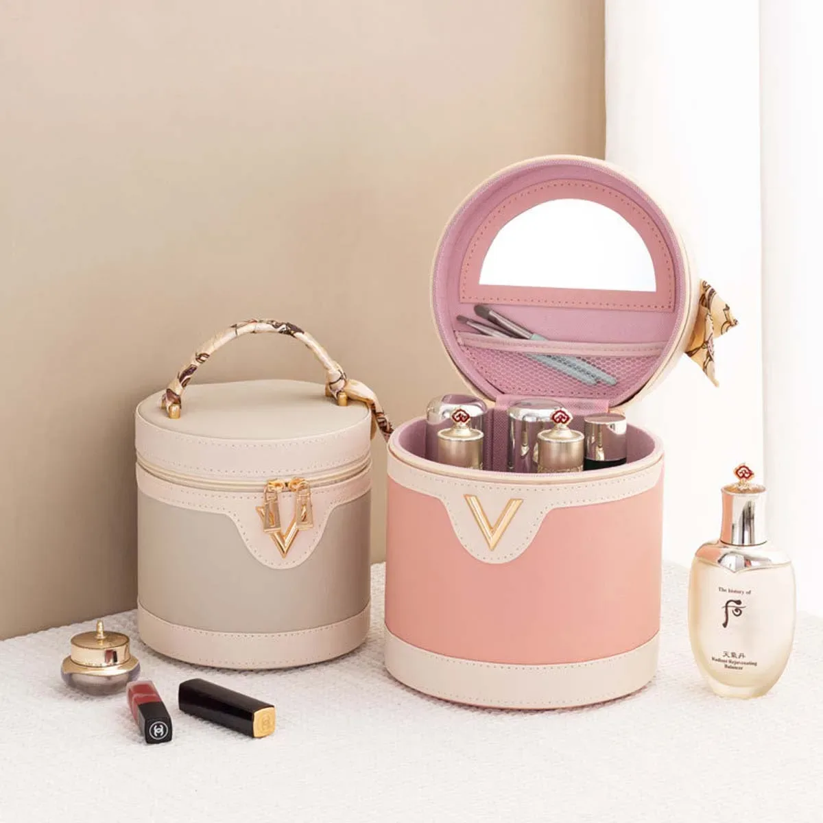 Sac seau à motif litchi, trousse de maquillage grande capacité avec poignée, sac de maquillage multifonctionnel, imperméable, portable, vente en gros