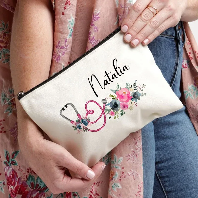 sac de rangement personnalisé pour infirmières, pochette en toile à fermeture éclair, fournitures de bureau, étui à stylos, portefeuille avec nom personnalisé, sacs à cosmétiques, cadeau pour infirmières
