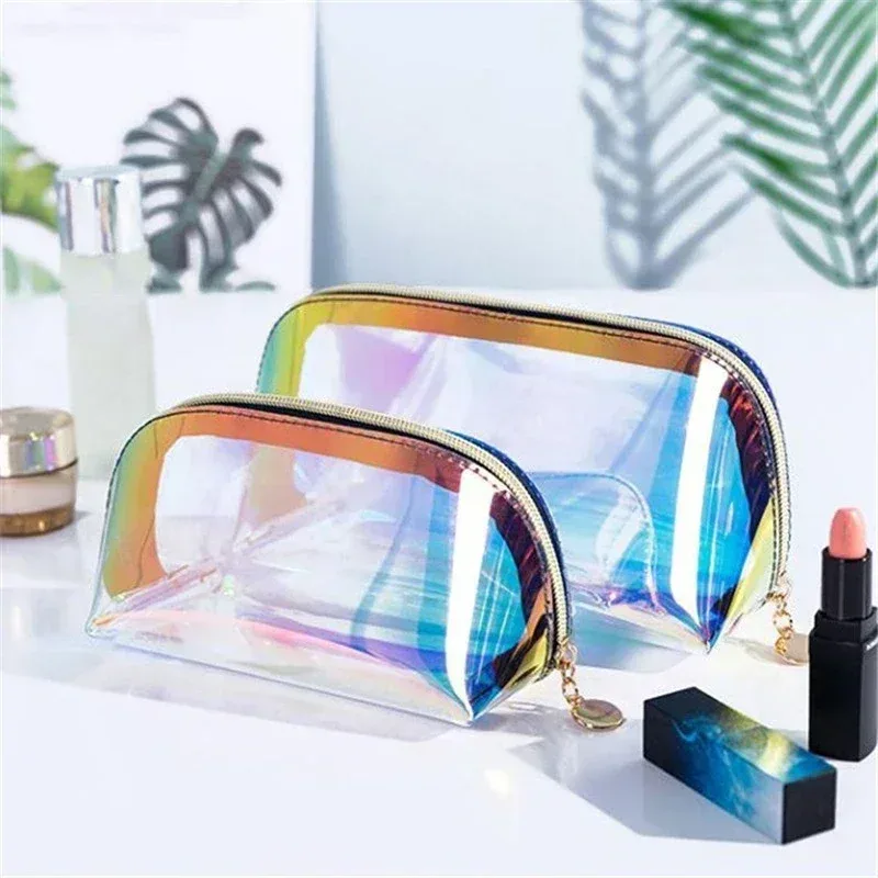 Sac à cosmétiques Transparent étanche en PVC, trousse de toilette de lavage, trousse de maquillage, organisateur de femmes et filles, couleur Laser, fermeture éclair, trousse de beauté