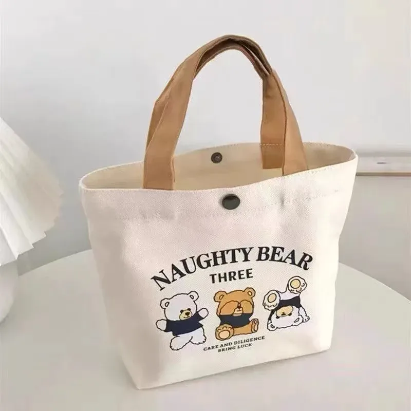 sac en toile motif ours mignon, sac à main polyvalent, sac fourre-tout pour étudiants, sac de shopping, sac à déjeuner pour employés de bureau, sac bento, sac cadeau idéal pour femmes.