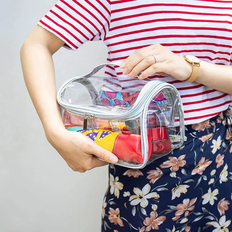 sac de maquillage transparent en pvc imperméable, trousse de toilette de voyage transparente, sac de rangement cosmétique à fermeture éclair de grande capacité