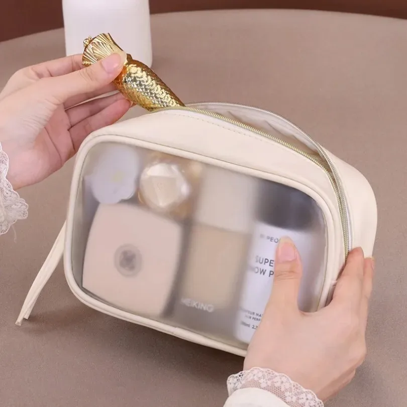 ensemble de trousses de maquillage semi-transparentes de luxe, 3 pièces, grande capacité, organiseur de cosmétiques de voyage, pochette de rangement portable pour femmes