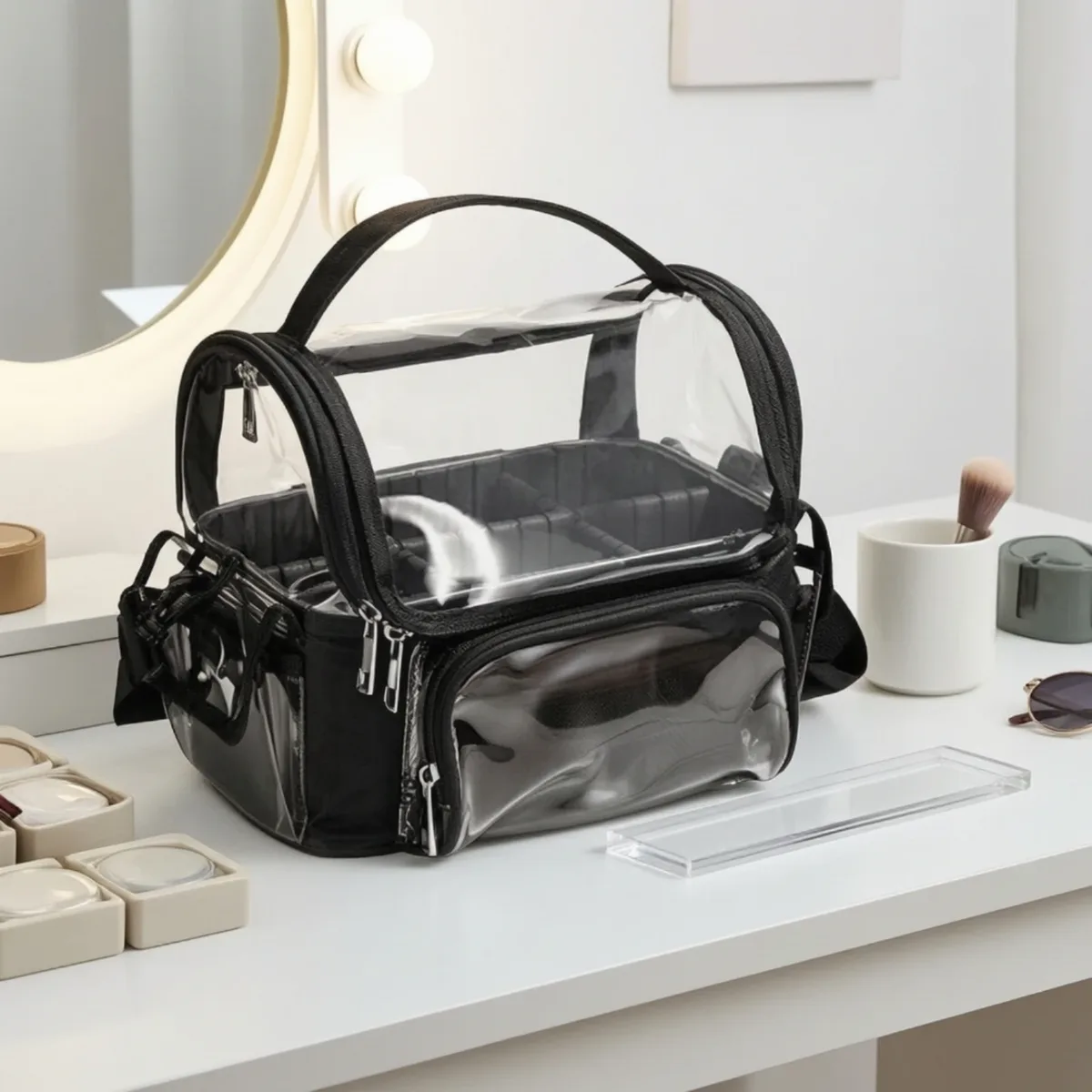 trousse de maquillage avec séparateurs réglables, organiseur de cosmétiques transparent portable pour les voyageurs, comptoir de salle de bain