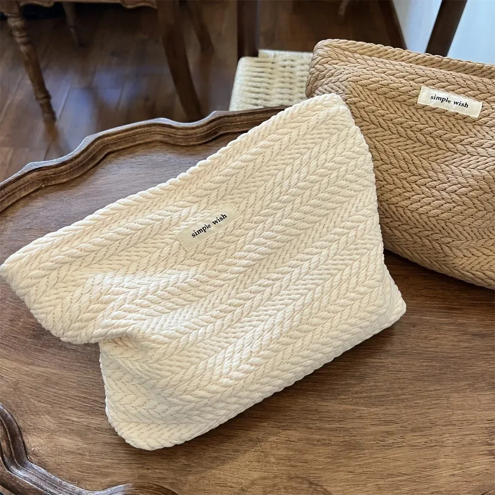 sac de maquillage à fermeture éclair, nouvelle mode, pochette en tissu tissé de grande capacité, sac à cosmétiques portable, sac de rangement de voyage de couleur unie