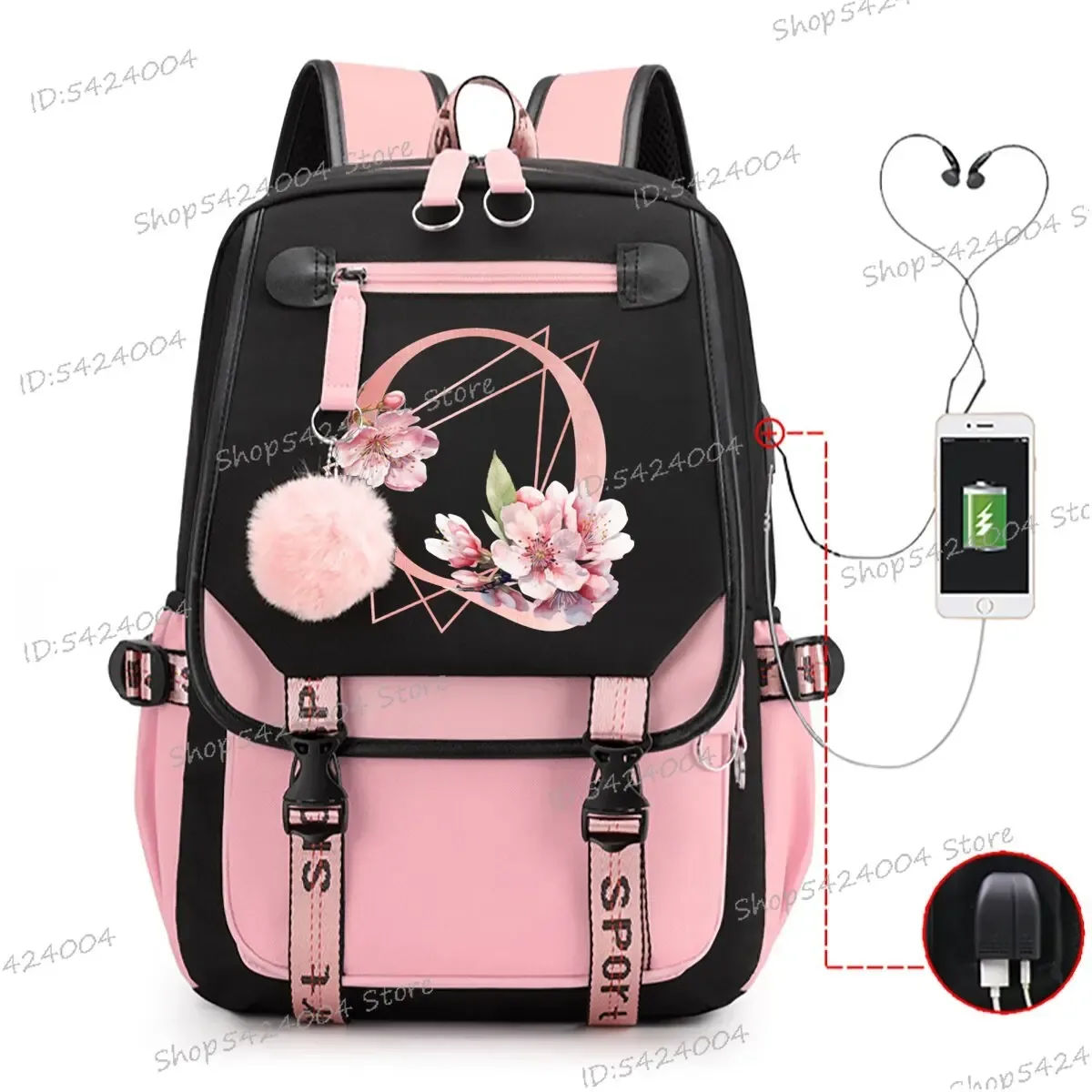 collège étudiants sacs d'école rose sakura lettres r mode voyage sac à dos adolescentes noir rose cartable a-z dessin animé cartable