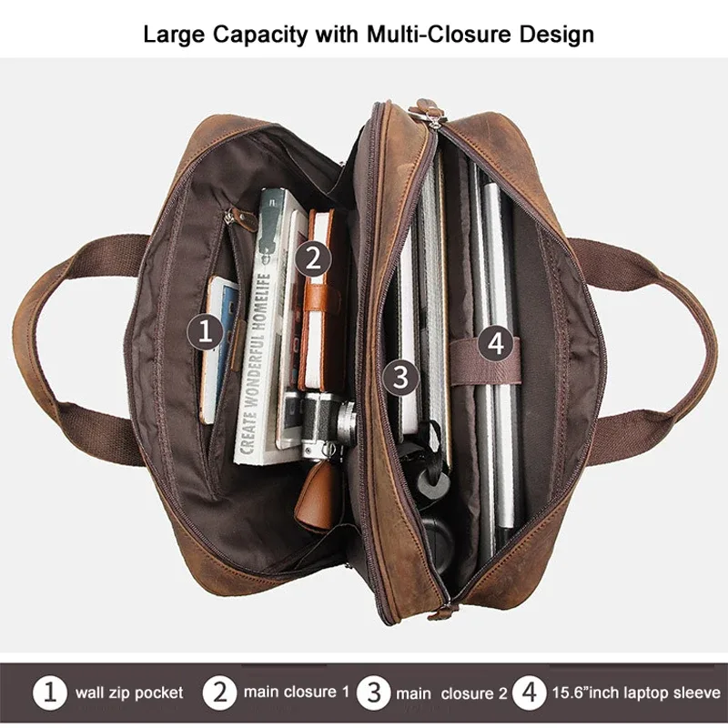 sac d'affaires pour homme en cuir véritable de haute qualité, sac pour ordinateur portable de 17 pouces en cuir crazy horse, porte-documents masculin pour bureau.