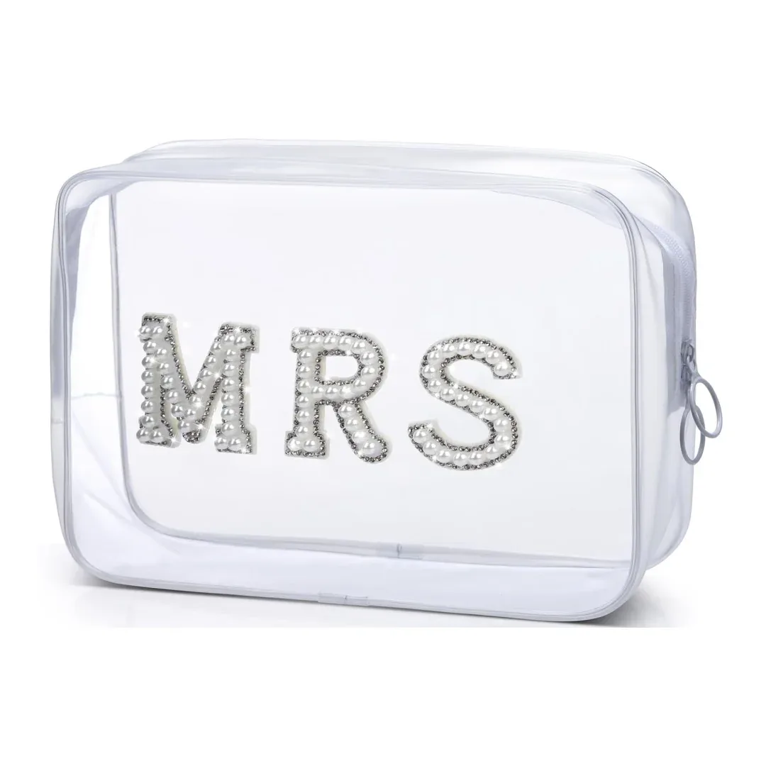 trousse de maquillage transparente pour la mariée, sac cosmétique de fiançailles, cadeaux de douche pour patients, patchs de lettres en biscuits scintillants, voyage en pvc étanche