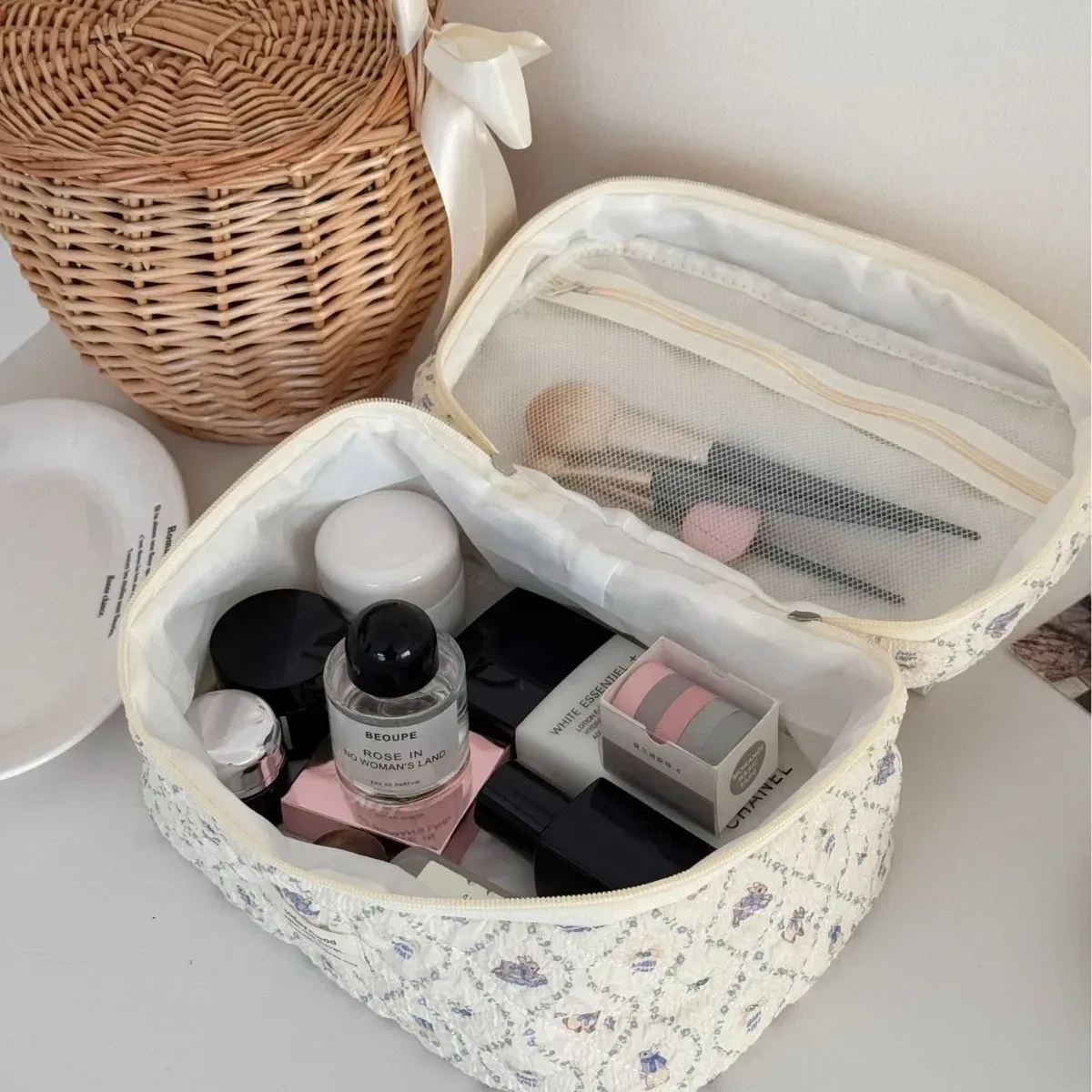 trousse de maquillage en coton matelassé pour femme, imprimé dessin animé mignon, grands sacs à main de rangement cosmétiques pour femme, pochette en poudre douce pour femme, sac à main
