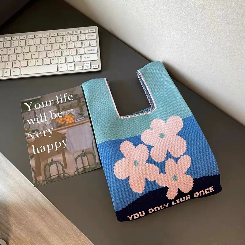 sac à main en tricot fait à la main pour femme, mini sac de poignet à nœud, sac fourre-tout à carreaux à large rayure, sacs à provisions réutilisables pour étudiants, document décontracté japonais