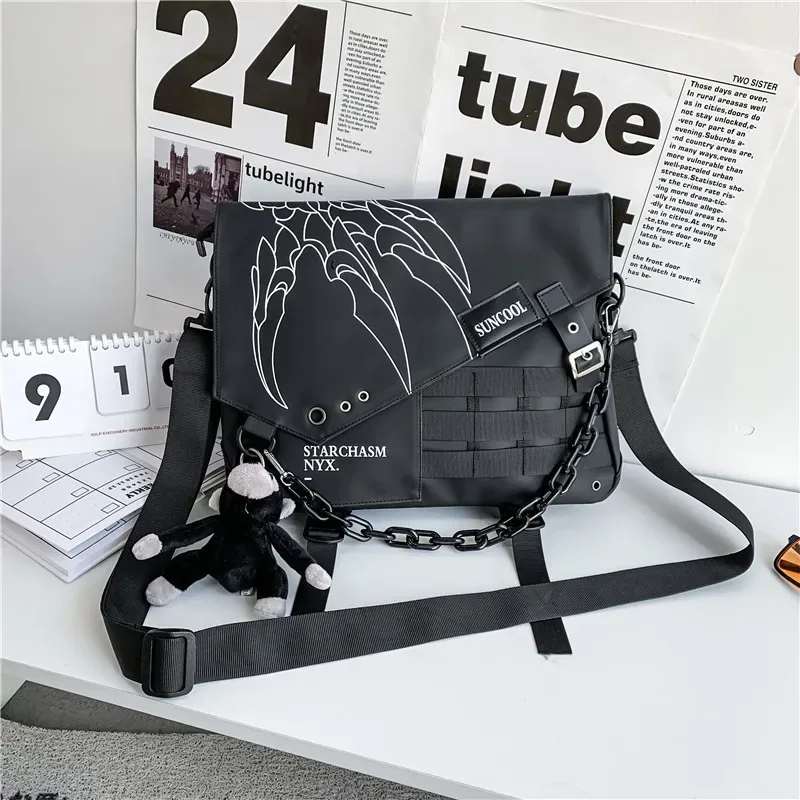 sac à bandoulière hip hop punk techwear pour hommes et femmes, sac d'école étanche multifonction, sac de messager pour ordinateur portable de voyage à démarrage unique