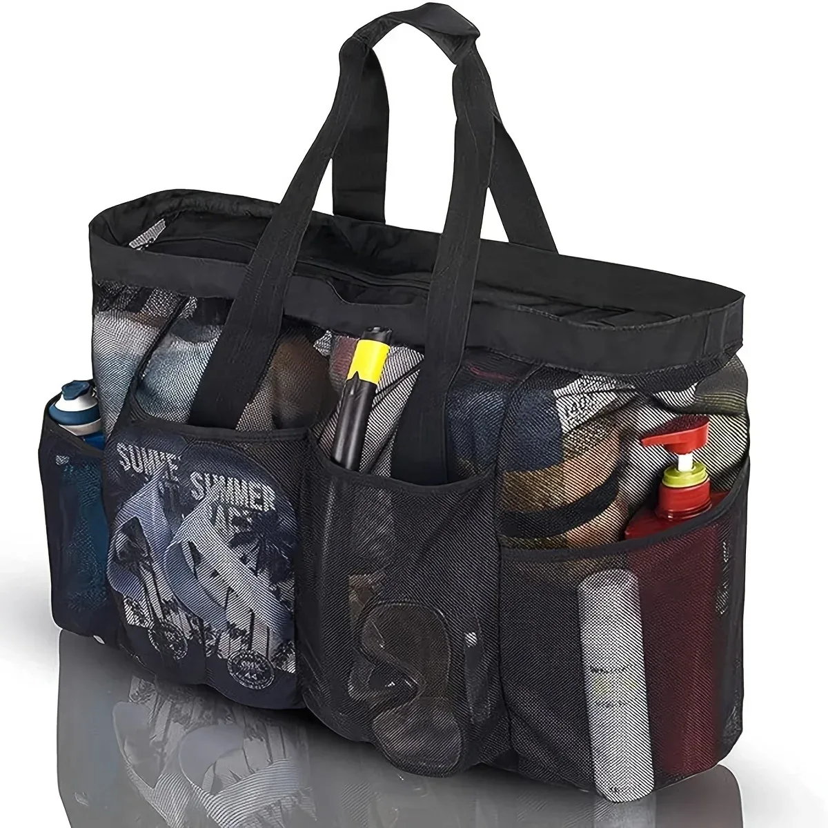 sac de plage en maille extra large, fourre-tout respirant en maille avec fermeture éclair et poches latérales, sac de rangement portable de grande capacité
