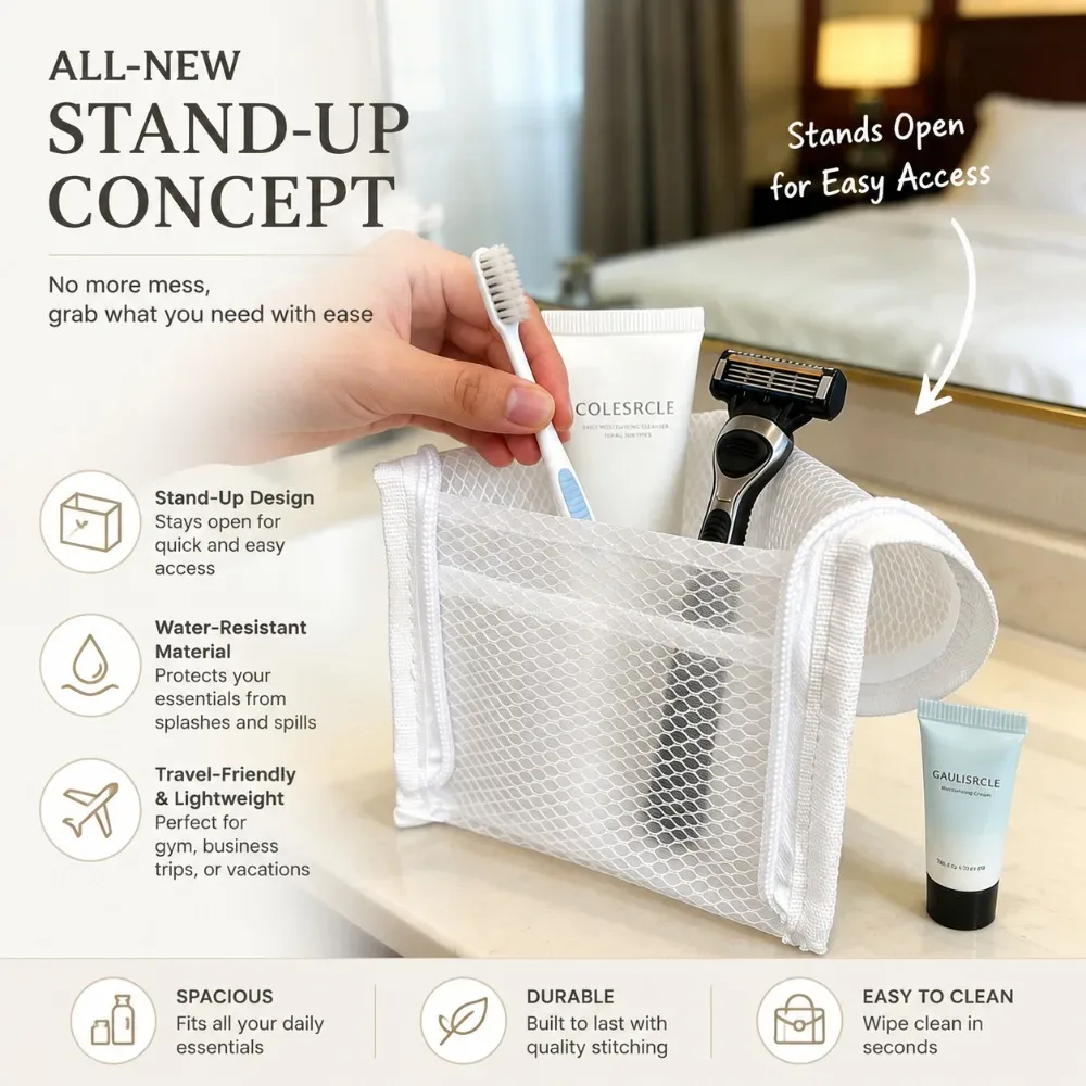 sac de toilette de voyage portable et étanche, trousse de toilette en maille, boîte de rangement pour brosse à dents, sac à maquillage pliable à fermeture éclair