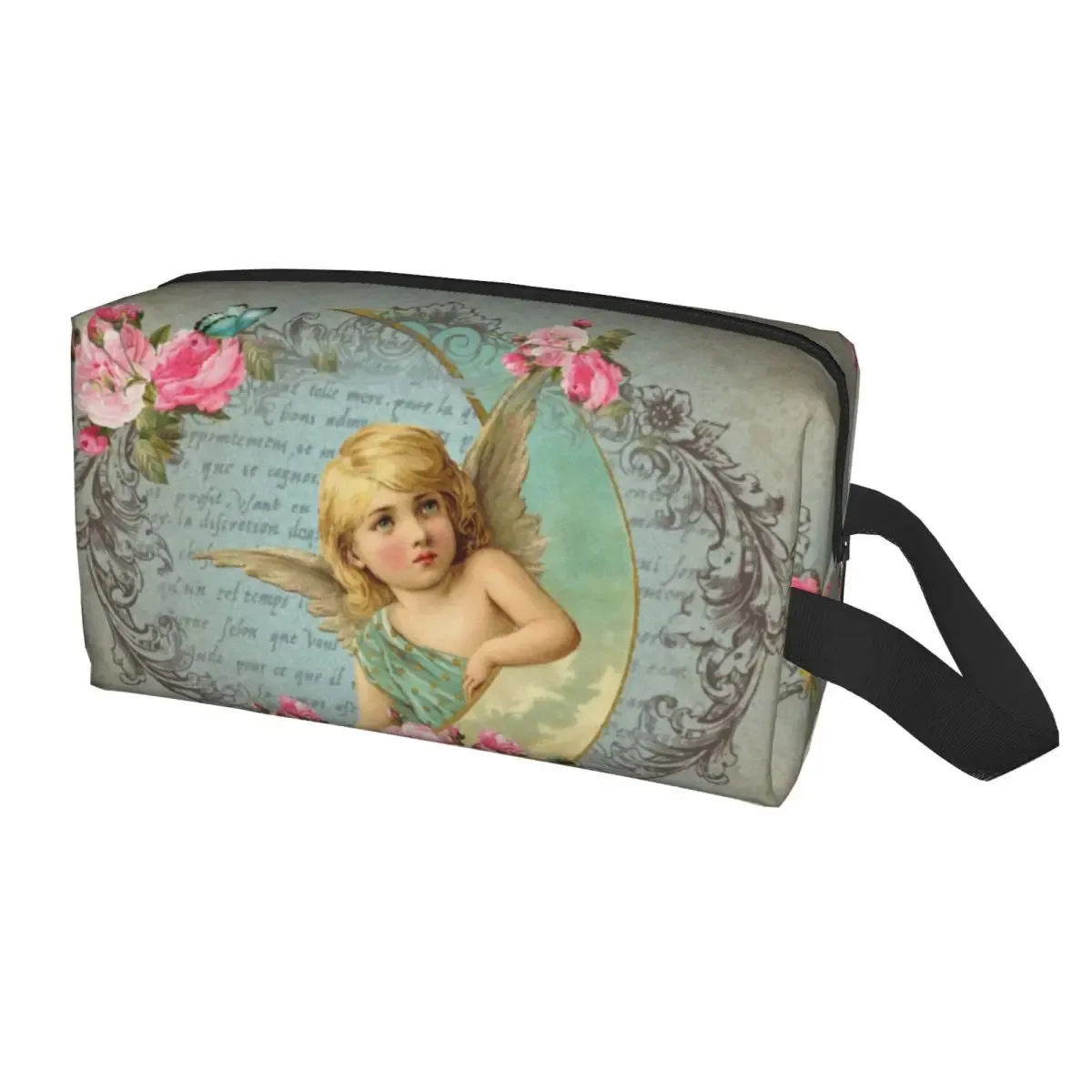 sac à cosmétiques de voyage personnalisé pour femmes, rose vintage, ange victorien, trousse de toilette de maquillage, trousse de rangement de beauté