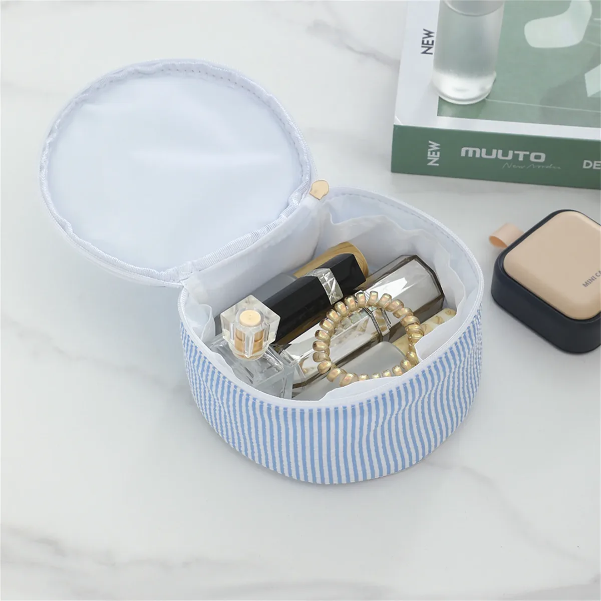 seersucker-trousse de maquillage de grande capacité pour femme, boîte à bijoux de voyage ronde rayée, rangement